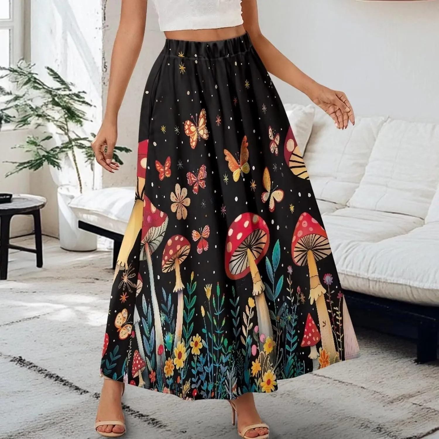 Pleated Midi Skirts for Women with Pockets Elastic High Waisted Skirt Plus Size Womens Summer Skirts