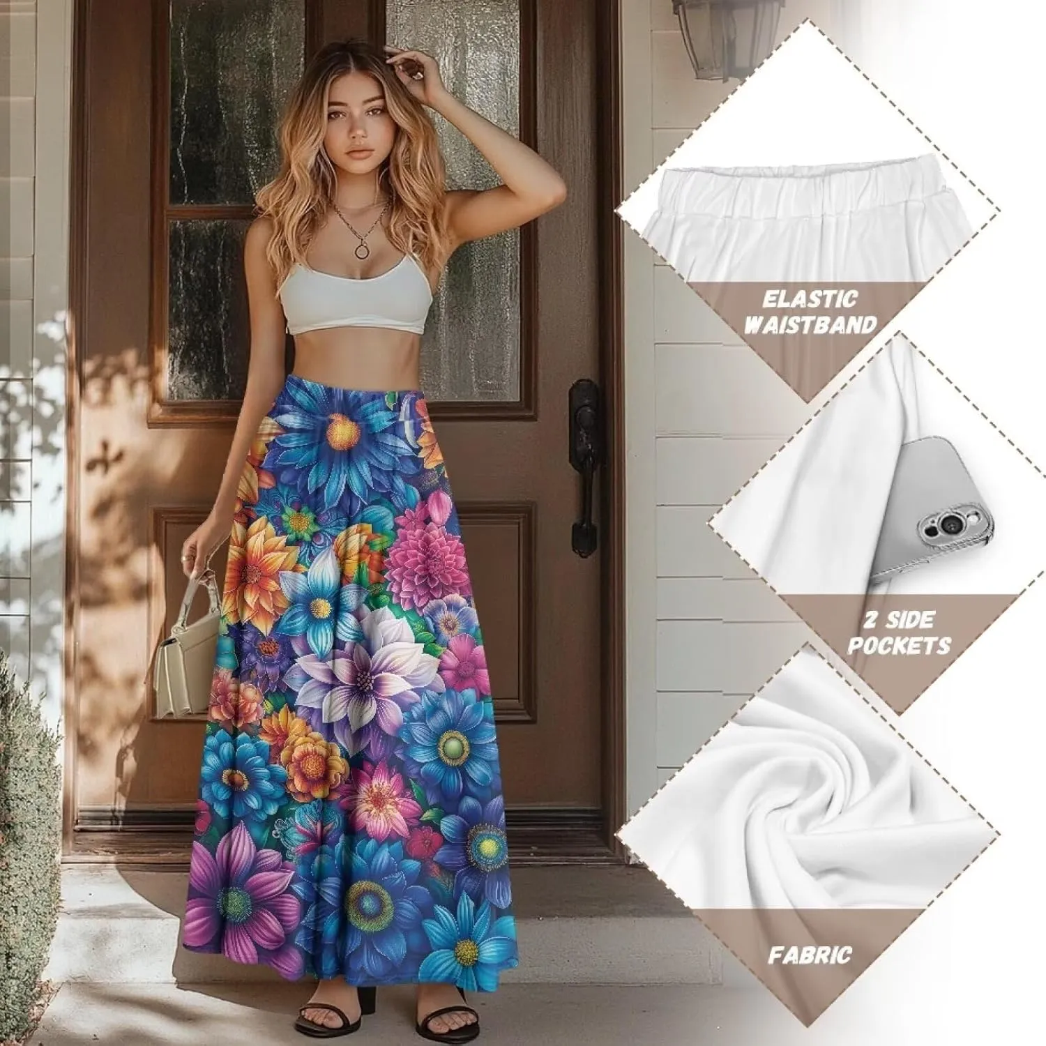 Pleated Midi Skirts for Women with Pockets Elastic High Waisted Skirt Plus Size Womens Summer Skirts