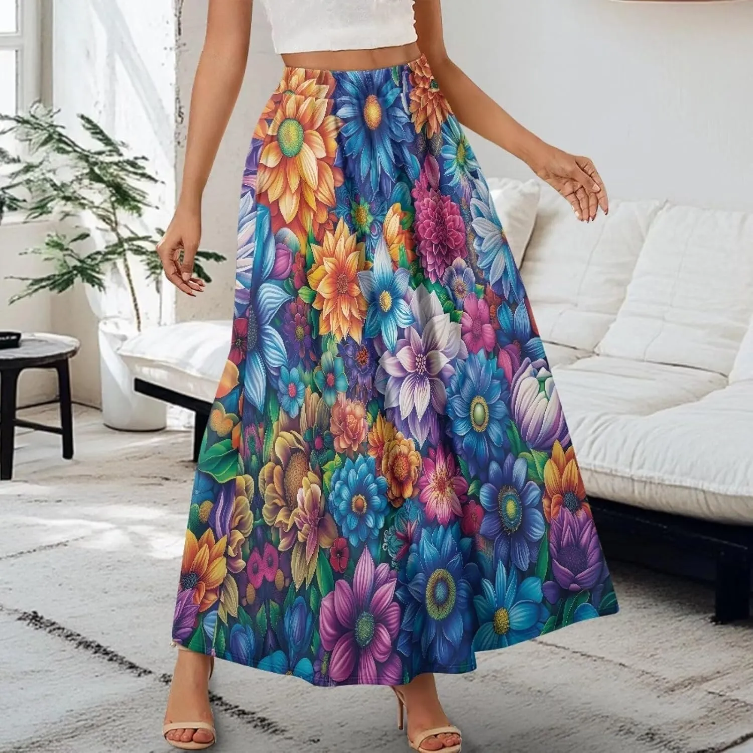 Pleated Midi Skirts for Women with Pockets Elastic High Waisted Skirt Plus Size Womens Summer Skirts