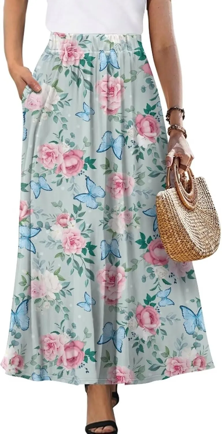 Pleated Midi Skirts for Women with Pockets Elastic High Waisted Skirt Plus Size Womens Summer Skirts