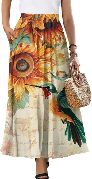 Pleated Skirt for Women Plus Size Casual High Waisted Skirt with Pockets Lightweight A-Line Long Length Skirt S-2XL