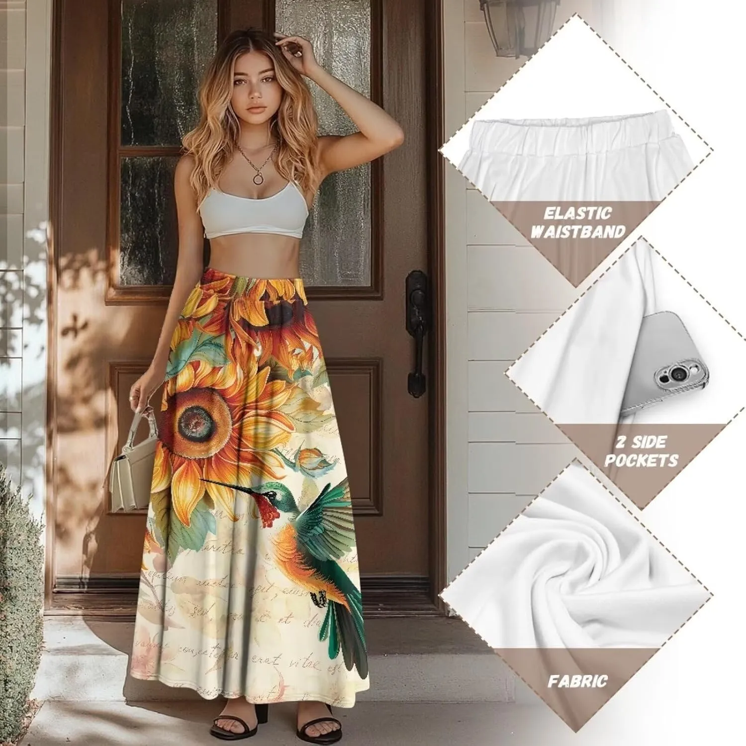 Pleated Skirt for Women Plus Size Casual High Waisted Skirt with Pockets Lightweight A-Line Long Length Skirt S-2XL
