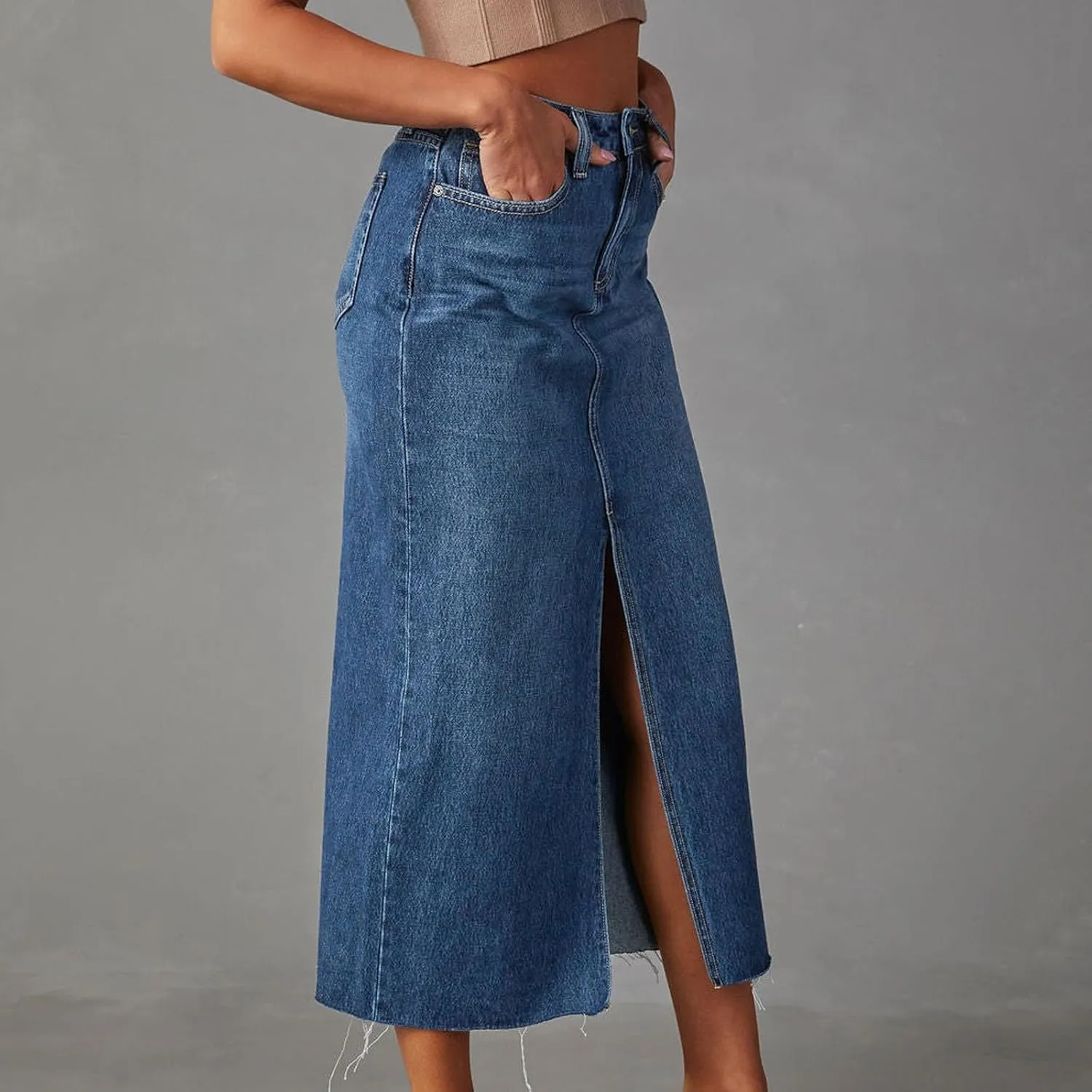 Pleated Skirts for Women Jean Skirt for Women Denim Skirt with Pockets Mid High Waist Stretchy Bodycon Midi