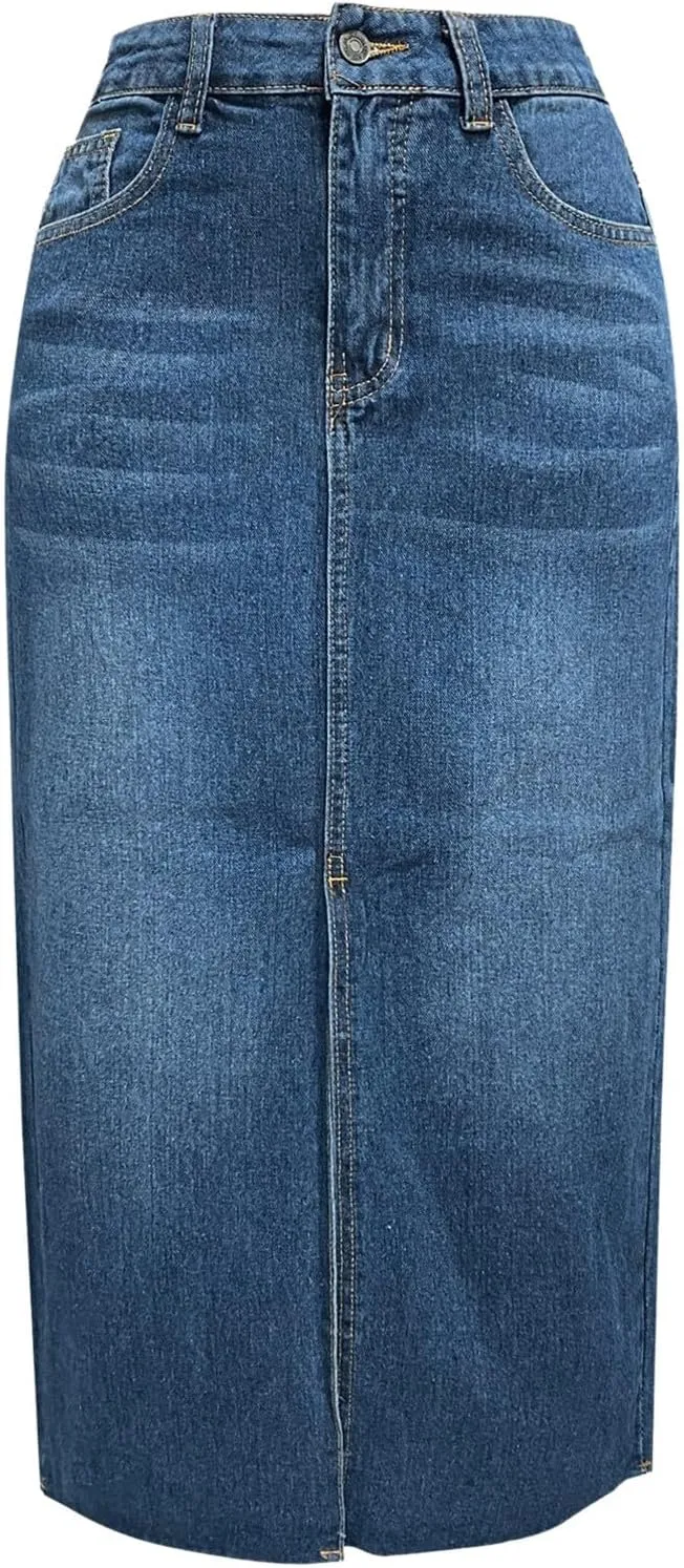 Pleated Skirts for Women Jean Skirt for Women Denim Skirt with Pockets Mid High Waist Stretchy Bodycon Midi
