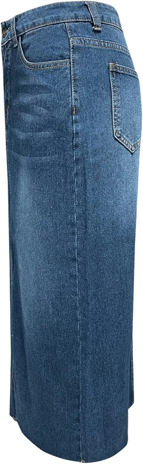 Pleated Skirts for Women Jean Skirt for Women Denim Skirt with Pockets Mid High Waist Stretchy Bodycon Midi
