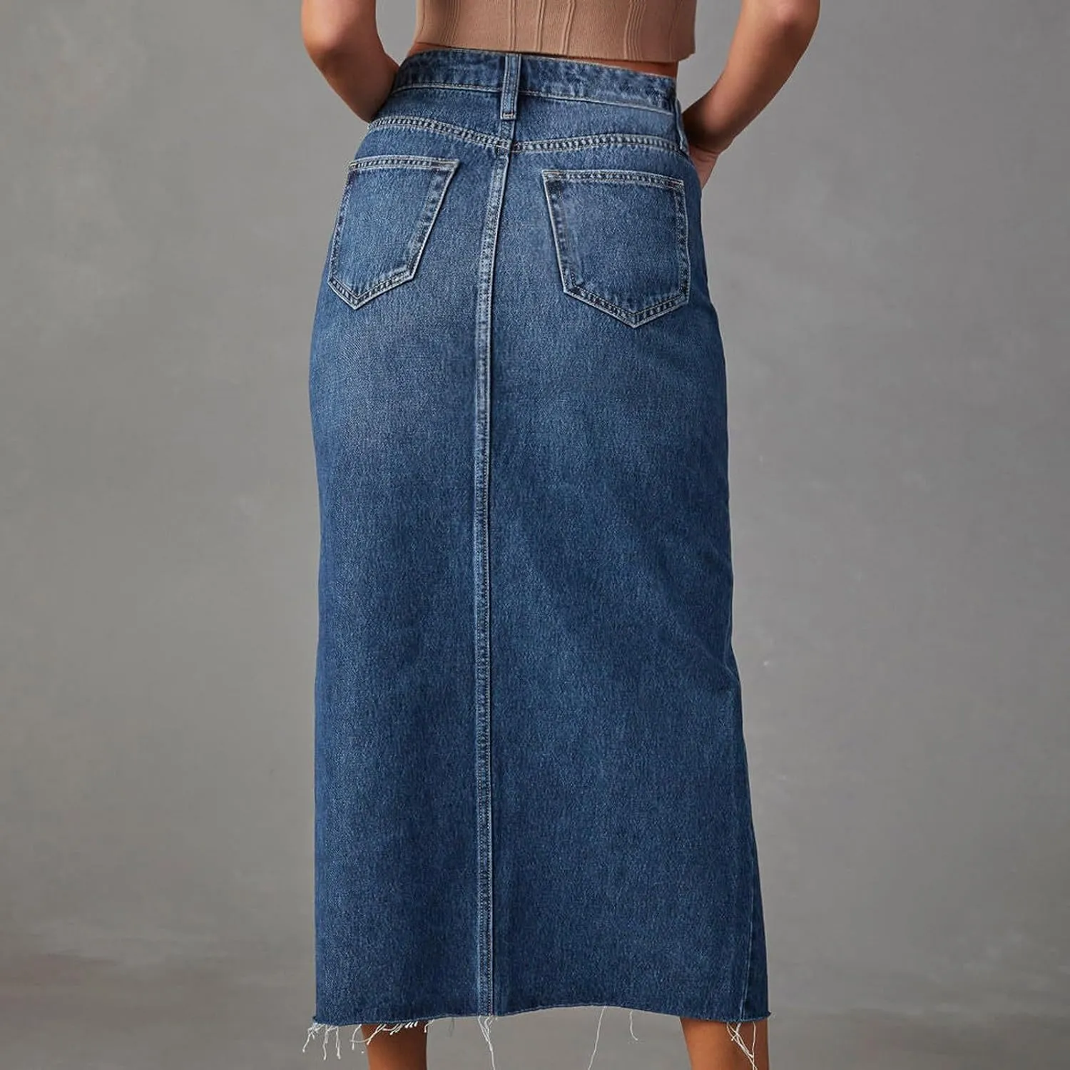 Pleated Skirts for Women Jean Skirt for Women Denim Skirt with Pockets Mid High Waist Stretchy Bodycon Midi