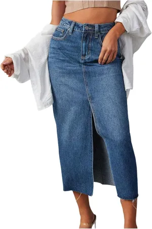 Pleated Skirts for Women Jean Skirt for Women Denim Skirt with Pockets Mid High Waist Stretchy Bodycon Midi