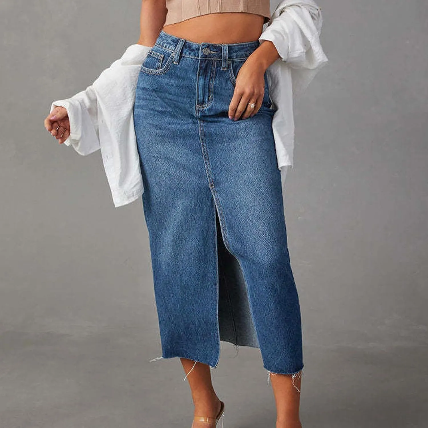 Pleated Skirts for Women Jean Skirt for Women Denim Skirt with Pockets Mid High Waist Stretchy Bodycon Midi