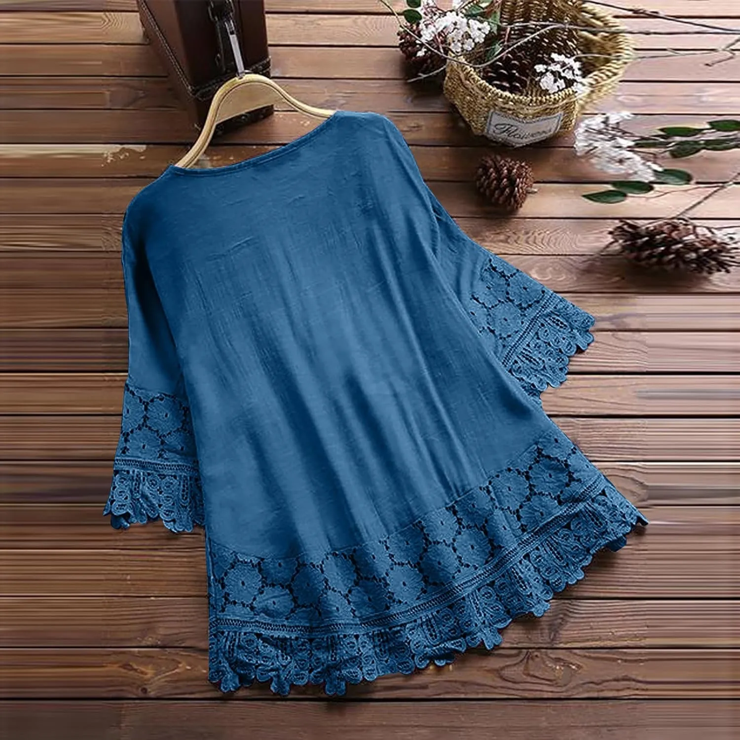 Plus Size Cotton Linen Tops Women Floral Decor Lace Shirts Cute Boho Tunic Tops Half Sleeve Tees Holiday Pullovers
