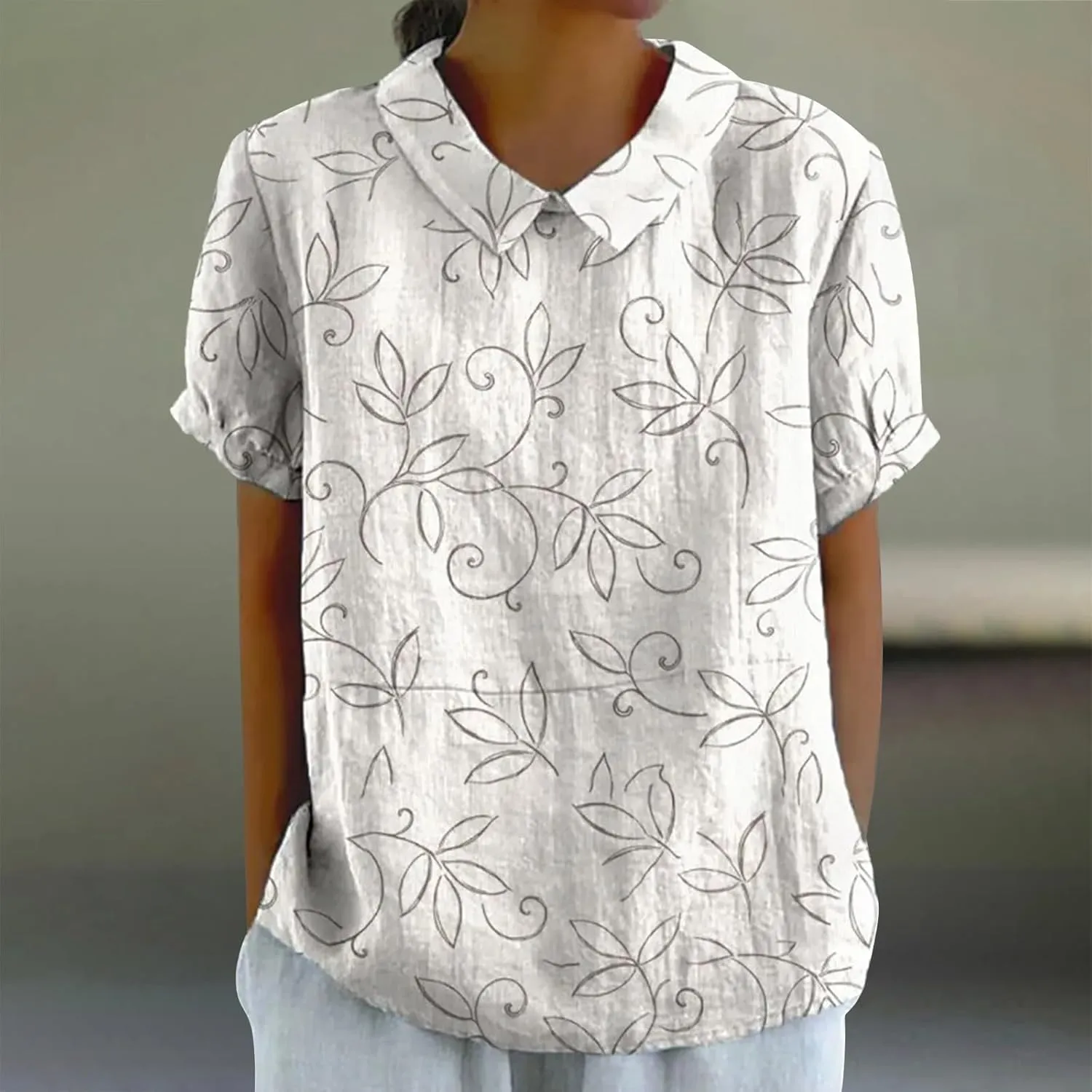 Plus Size Linen Tops Dressy Casual Peterr Pan Collar Blouses Down Up Shirt Casual Collared V Neck Womens Short Sleeve