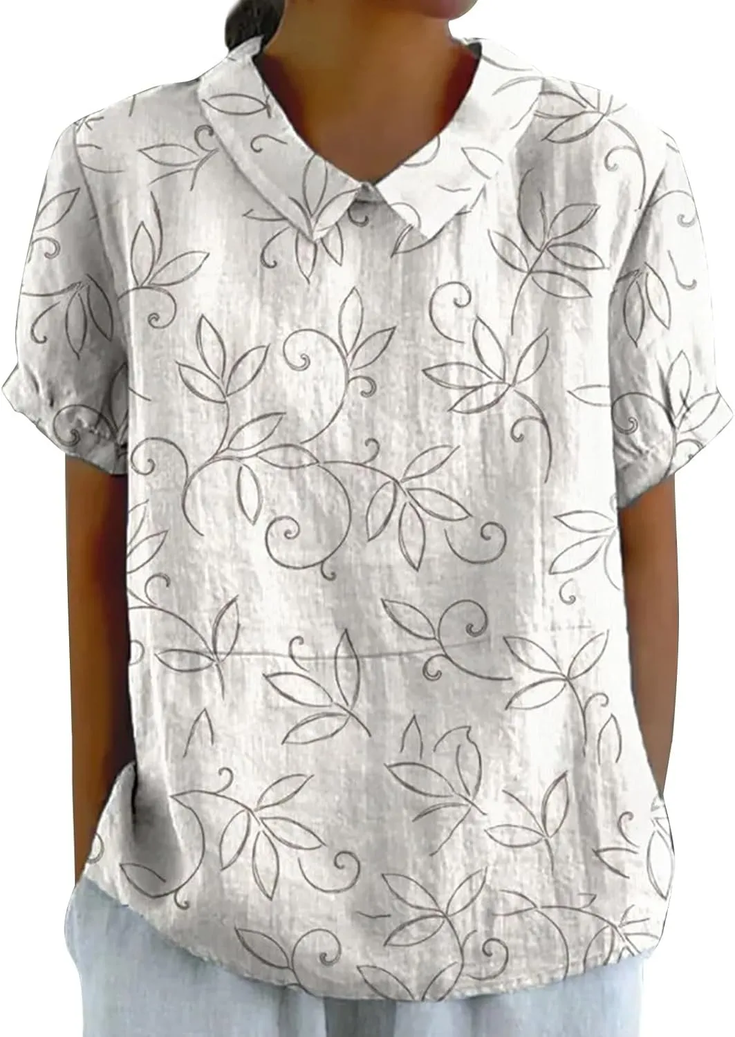 Plus Size Linen Tops Dressy Casual Peterr Pan Collar Blouses Down Up Shirt Casual Collared V Neck Womens Short Sleeve
