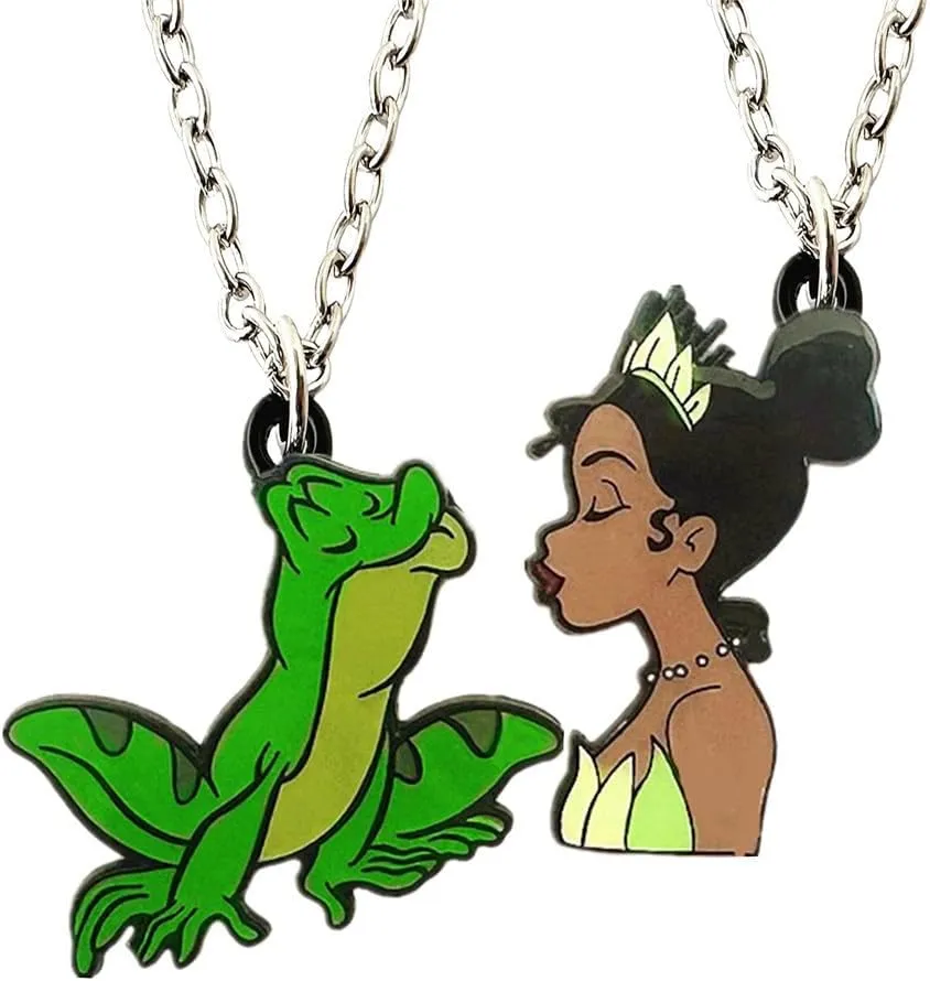 Princess Couples Cute Character Pendant Necklace Set, 2-Piece Frog Necklace, Silver Chain
