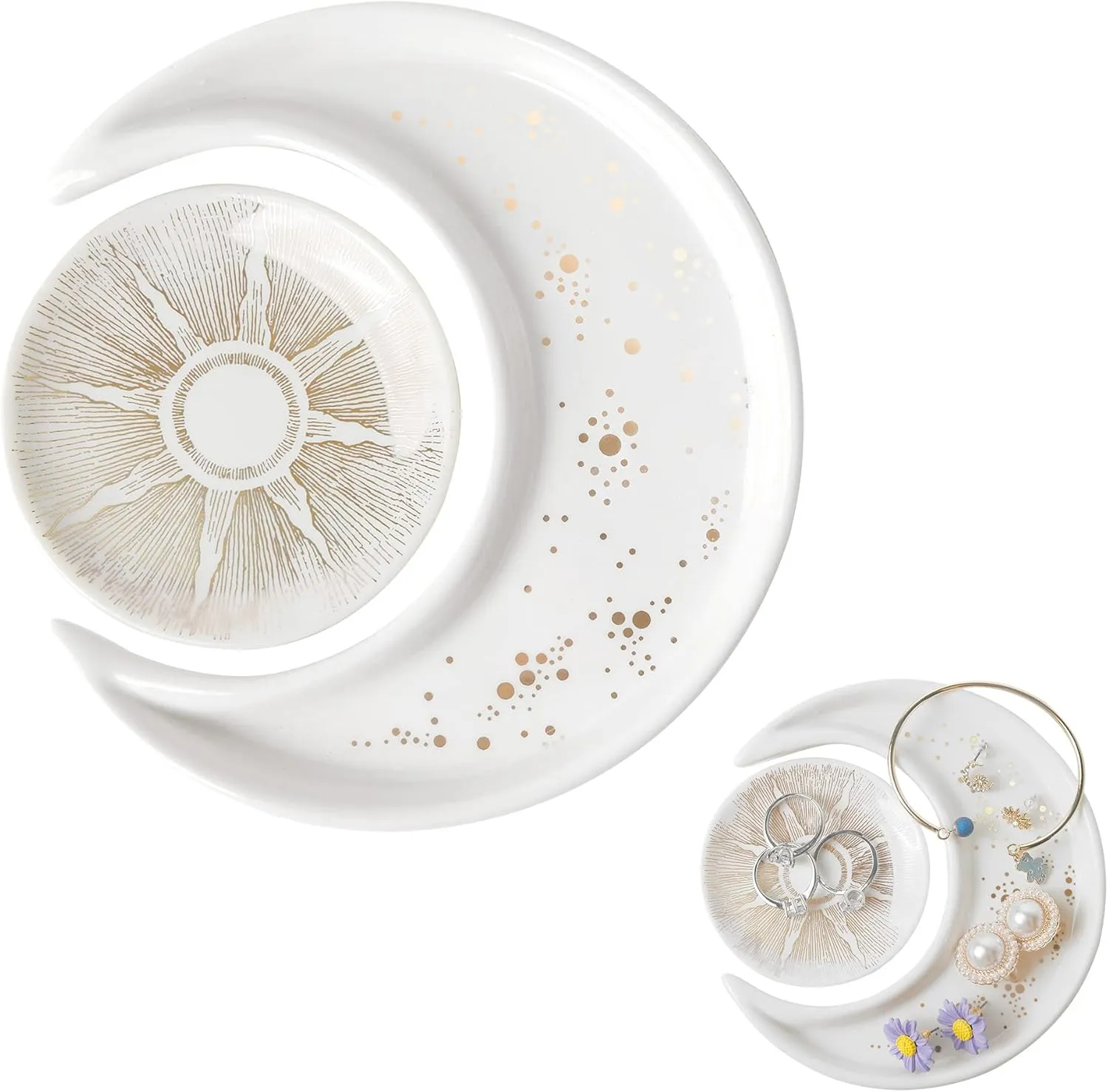 PTSGCAI Ceramic Jewelry Tray Sun And Moon Shape Ring Dish, Decorative Trinket Jewelry Dish,Birthday Wedding Valentine's Day Christmas for Women Girls in Vanity Bathroom Engagement Ring