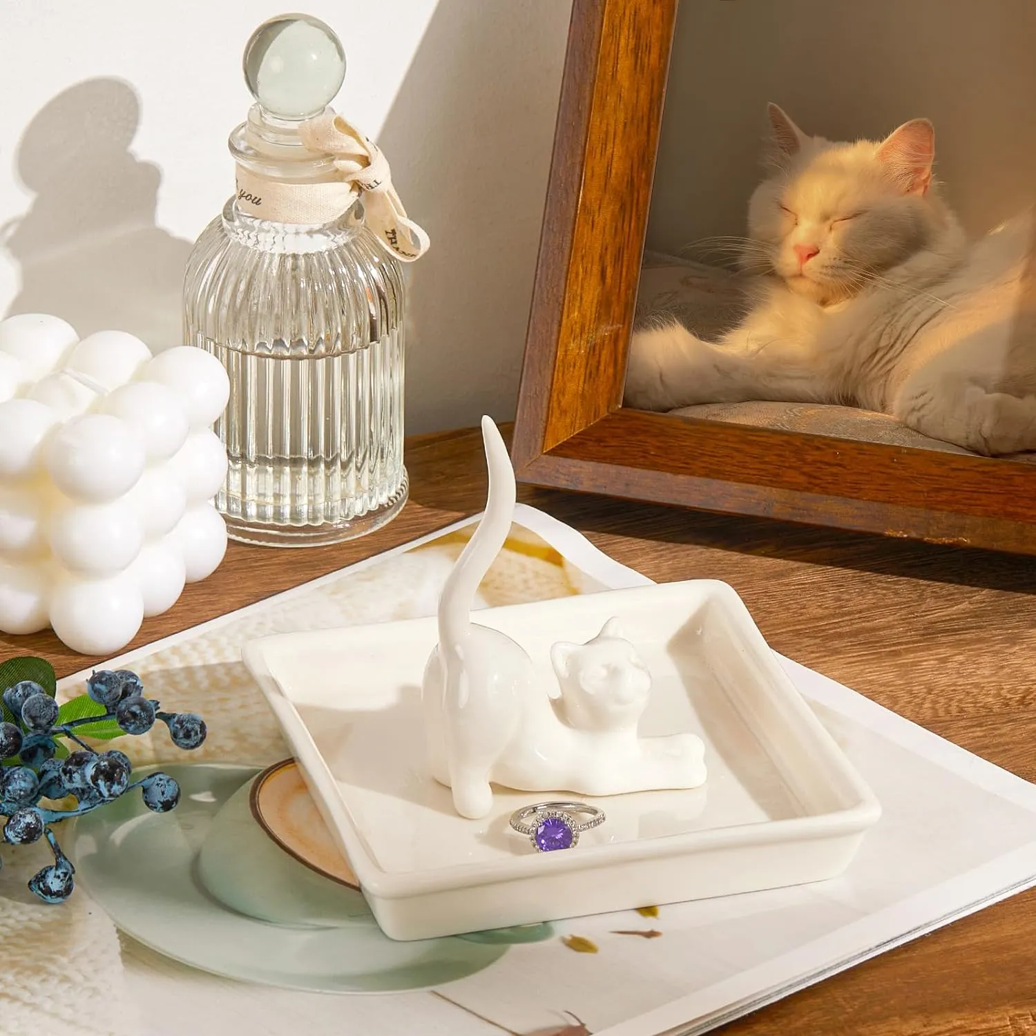 PUDDING CABIN Cat Mom Gifts for Women, Cat Ring Holder for Jewelry, Jewelry Tray Dish Rings Bracelets Earrings Trinket Tray, Cat Gifts for Cat Lovers Mother's Day Birthday Wedding Christmas Gifts