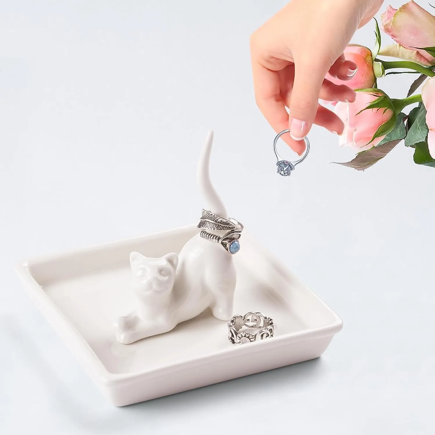 PUDDING CABIN Cat Mom Gifts for Women, Cat Ring Holder for Jewelry, Jewelry Tray Dish Rings Bracelets Earrings Trinket Tray, Cat Gifts for Cat Lovers Mother's Day Birthday Wedding Christmas Gifts