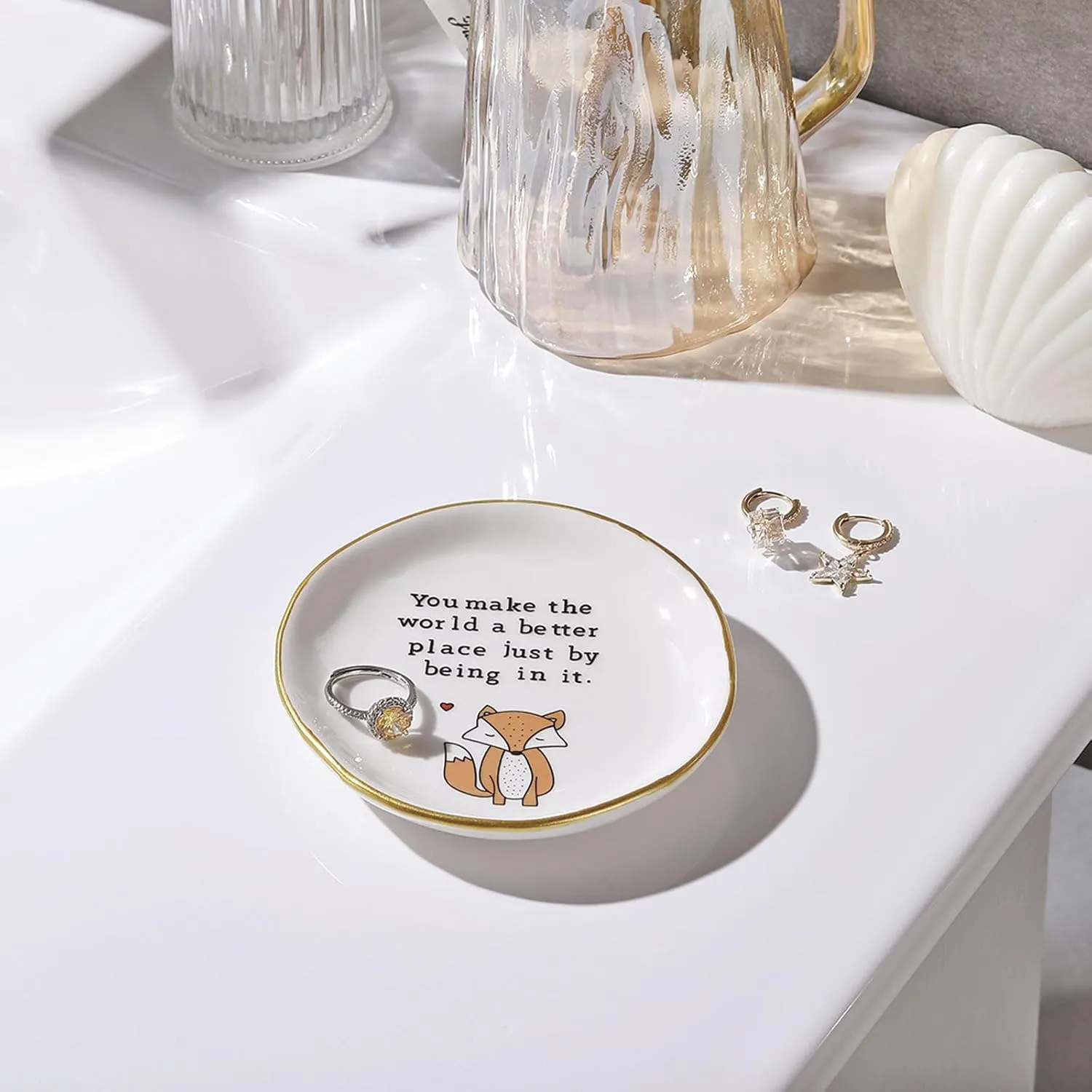 PUDDING CABIN Jewelry Dish - You Make the World Better - Birthday Gifts for Women, Ring Dish Tray, Ceramic Trinket Tray, Key Bowl, Decorative Plate, Gifts for Friends Sisters Daughter Mom