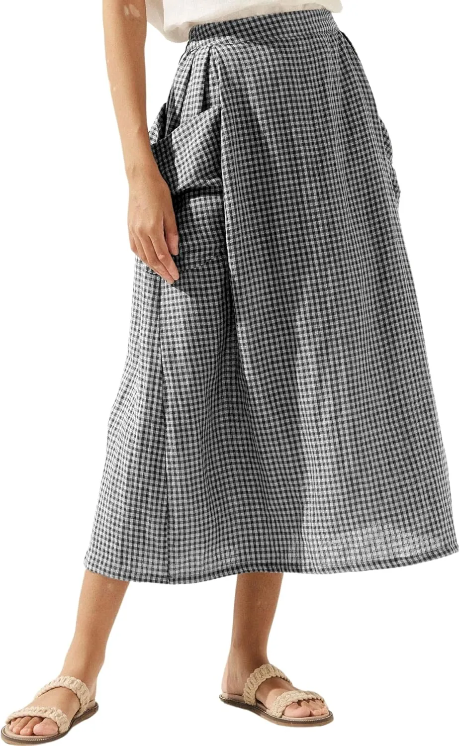 QIBABU Womens Plaid Midi Skirt Flowy Elastic High Waist Long Skirts with Pockets(2143-Black-L-QB)