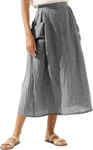 QIBABU Womens Plaid Midi Skirt Flowy Elastic High Waist Long Skirts with Pockets(2143-Black-L-QB)