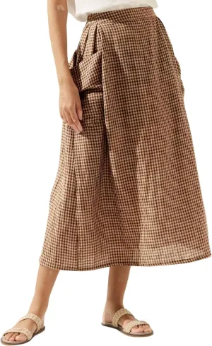 QIBABU Womens Plaid Midi Skirt Flowy Elastic High Waist Long Skirts with Pockets(2143-Brown-L-QB)