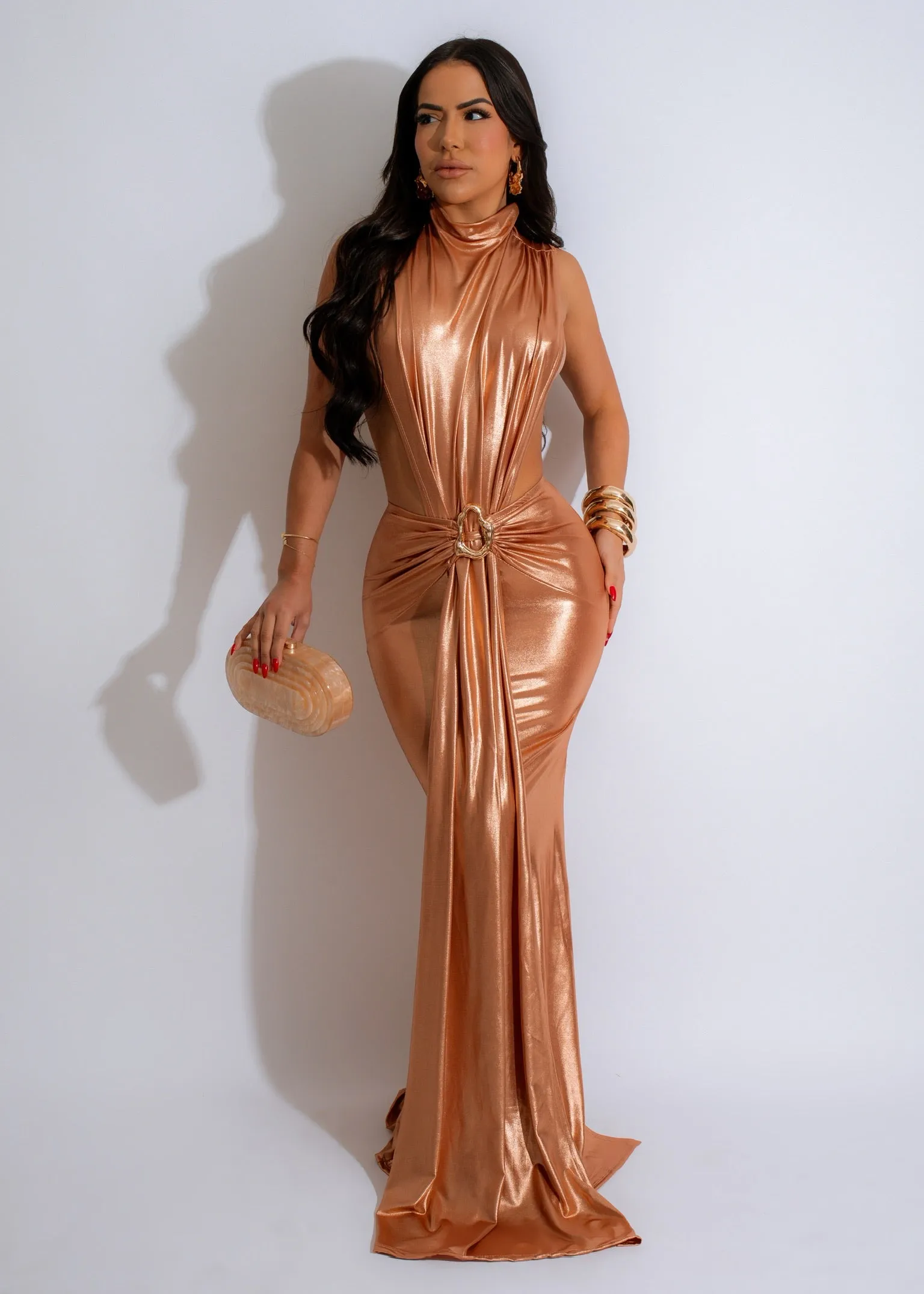Radiant Aura Metallic Maxi Dress Gold