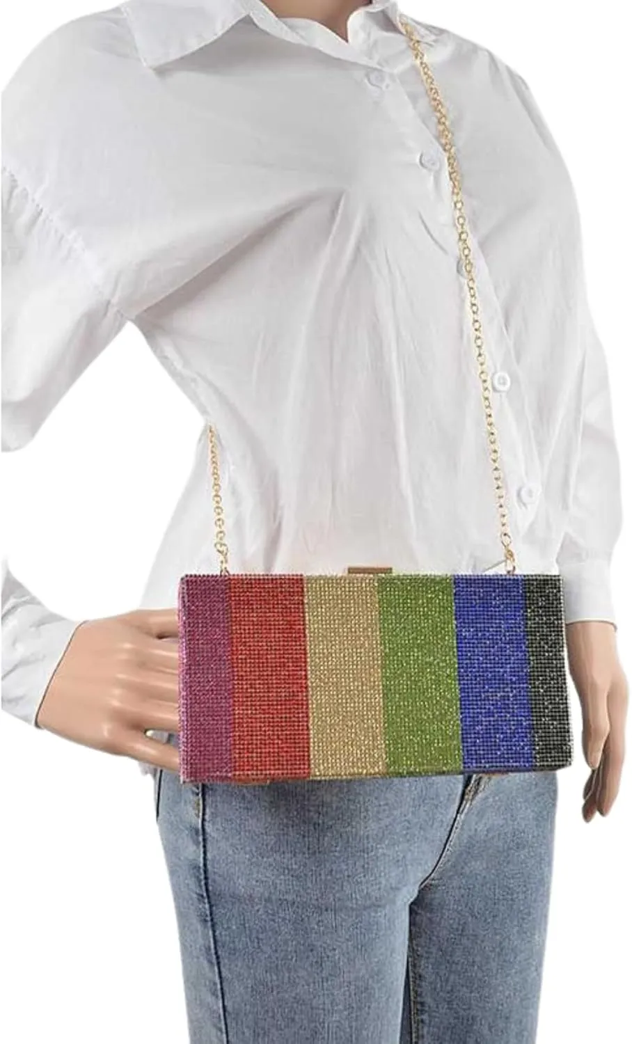 Rainbow Rhinestone Box Clutch Purse Sparkly Evening Bag for Women Crystal Pave Handbag with Chain Wedding Bridal Prom Party