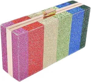 Rainbow Rhinestone Box Clutch Purse Sparkly Evening Bag for Women Crystal Pave Handbag with Chain Wedding Bridal Prom Party