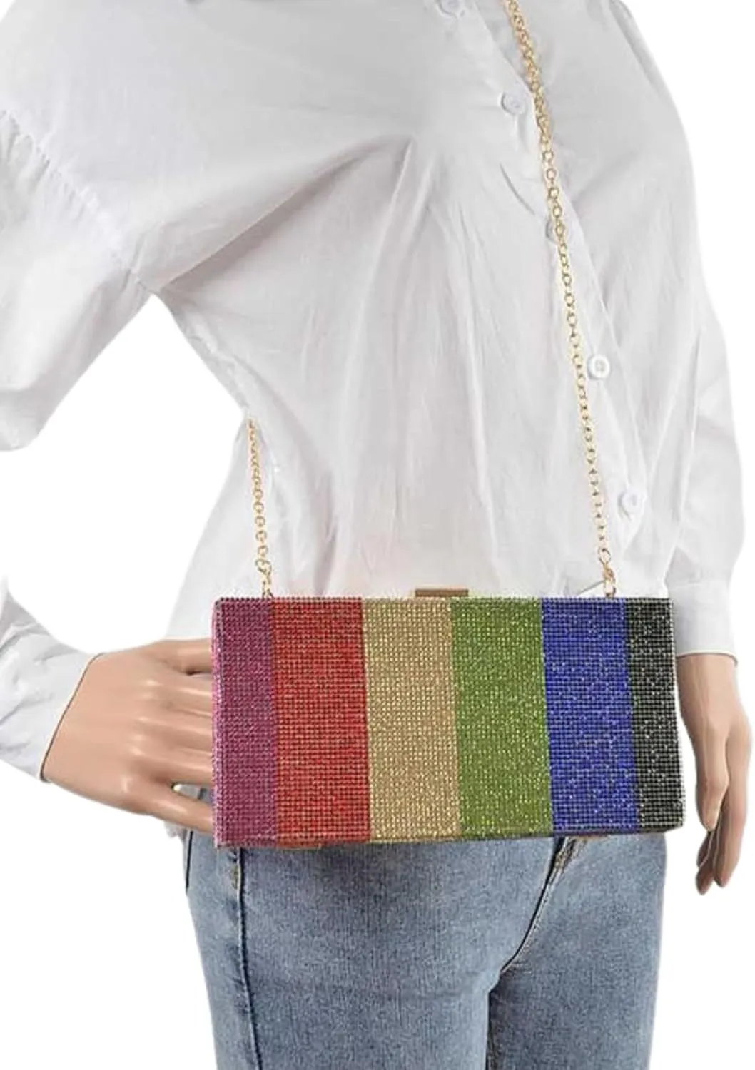 Rainbow Rhinestone Box Clutch Purse Sparkly Evening Bag for Women Crystal Pave Handbag with Chain Wedding Bridal Prom Party