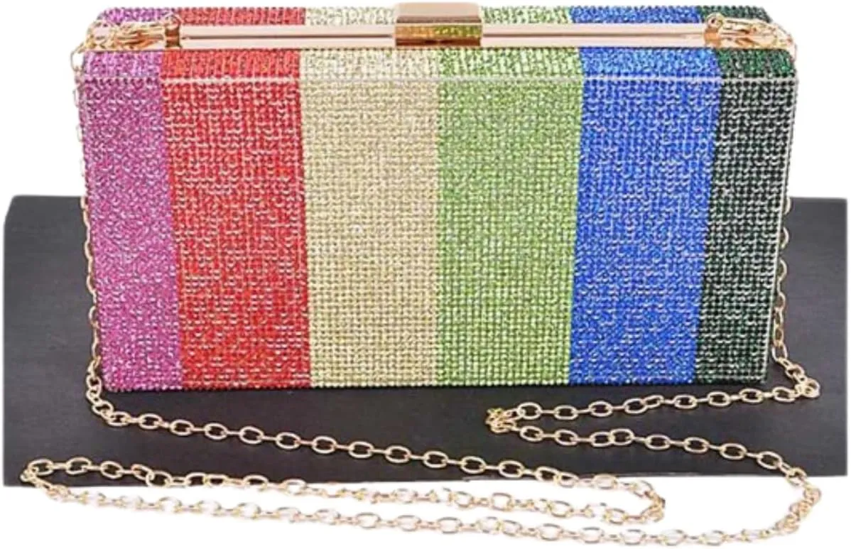 Rainbow Rhinestone Box Clutch Purse Sparkly Evening Bag for Women Crystal Pave Handbag with Chain Wedding Bridal Prom Party