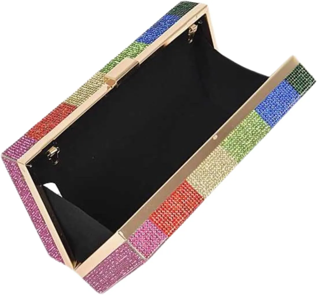 Rainbow Rhinestone Box Clutch Purse Sparkly Evening Bag for Women Crystal Pave Handbag with Chain Wedding Bridal Prom Party