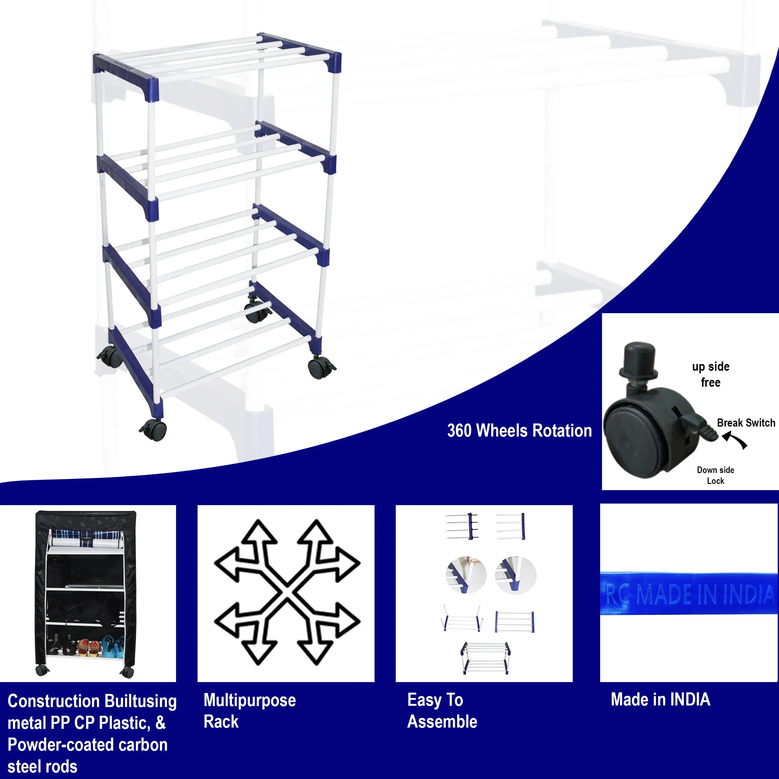 Rawzz 3 Layer Shoe Rack For Home Metal Plastic Rack with Wheels for Multipurpose Use Books, Clothes, Shoes etc.… (3 shelf, black)
