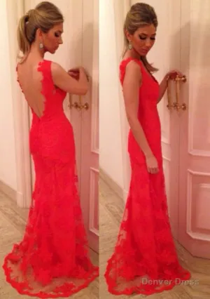 Red Prom Dresses, Sheath/Column V Neck Sleeveless Sweep Train Lace Prom Dress With Appliqued