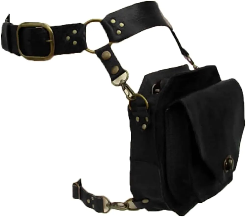 Renaissance Medieval Belt Satchel Pouch Bag Fanny Pack Gothic PU Leather Crossbody Messenger Bags Thigh Leg Hip Holster Purse Hiking Sport Chain Bags for Women Men (Black)