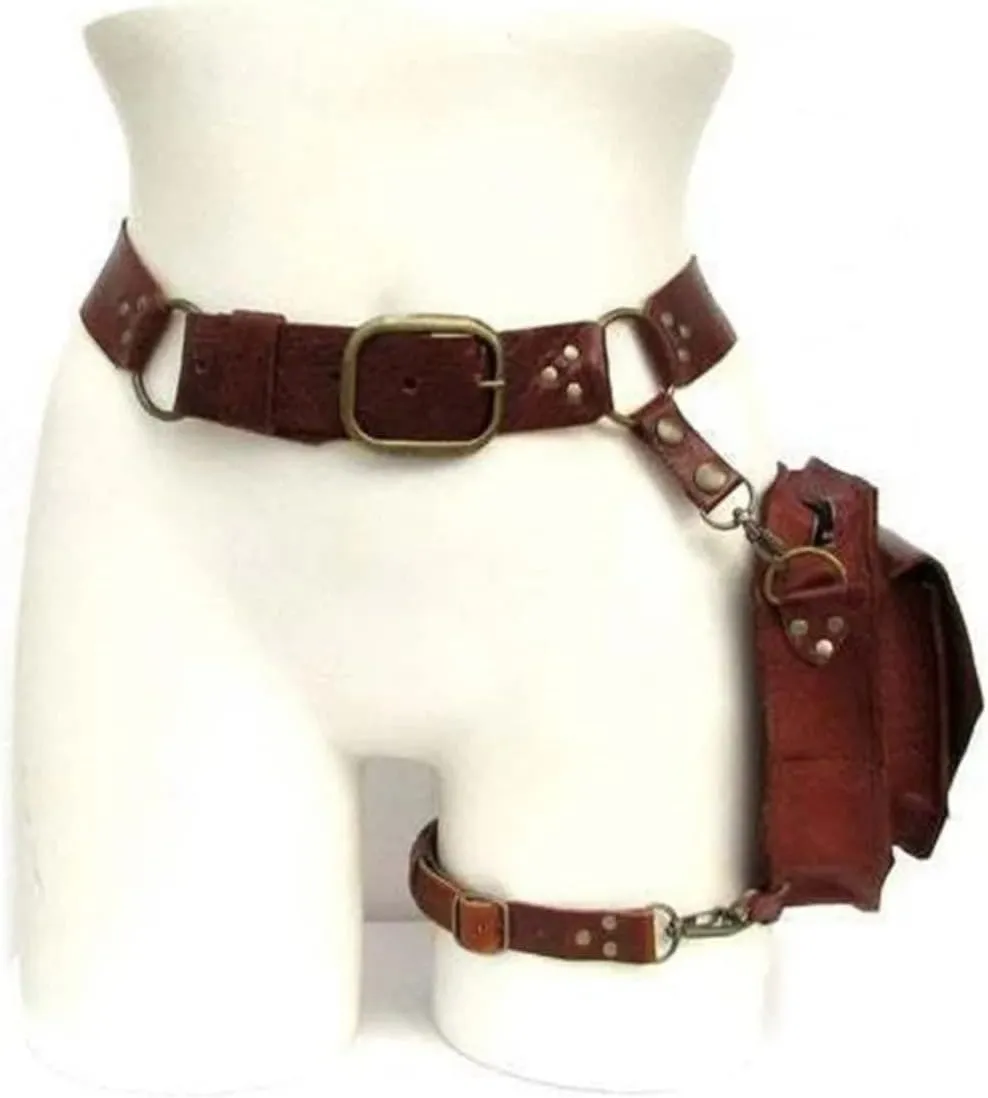 Renaissance Medieval Belt Satchel Pouch Bag Fanny Pack Gothic PU Leather Crossbody Messenger Bags Thigh Leg Hip Holster Purse Hiking Sport Chain Bags for Women Men (Black)