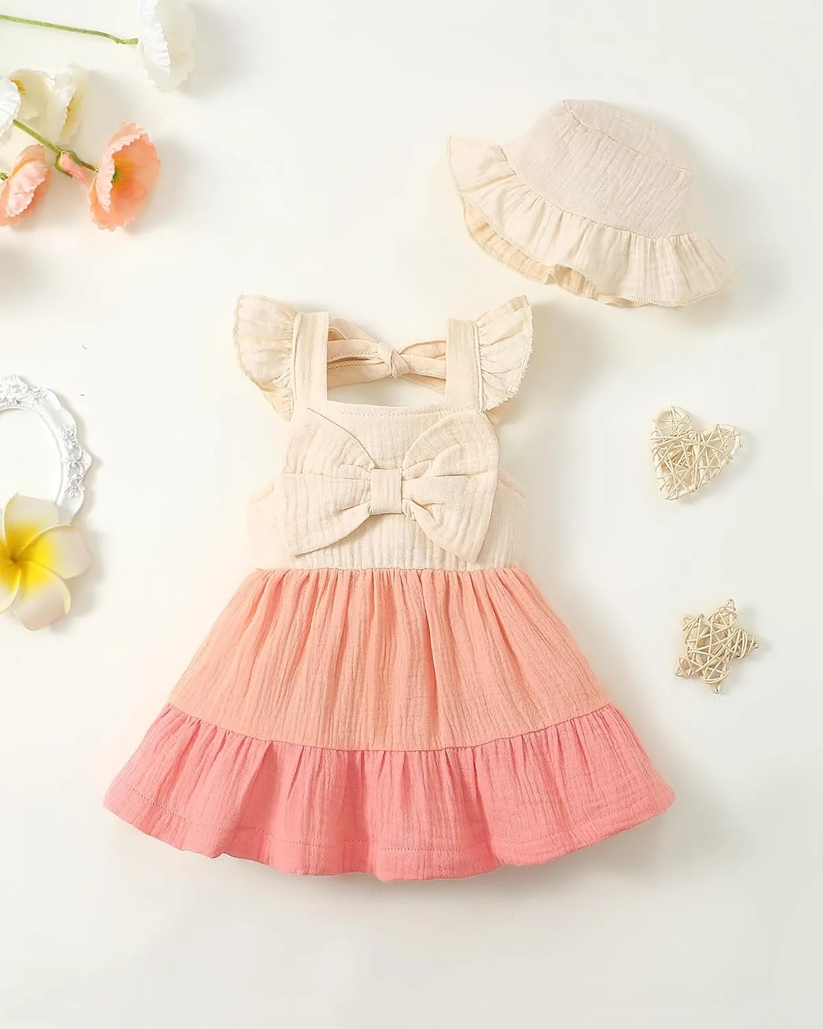 Renotemy Infant Baby Girl Dresses Toddler Girl Clothes Summer Cotton Linen Boho Smocked Sundress Gift for Girls with Hat