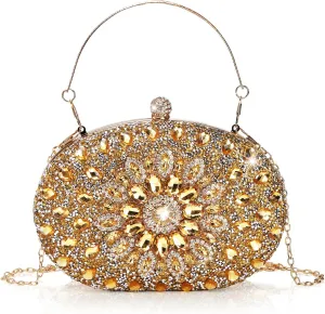 Rhinestone Evening Clutch Purse, Gold Sparkling Glitter Wrist Clutch Bag with Detachable Chain, Crystal Diamond Lady HandBag for Wedding, Party, Prom, Date Night