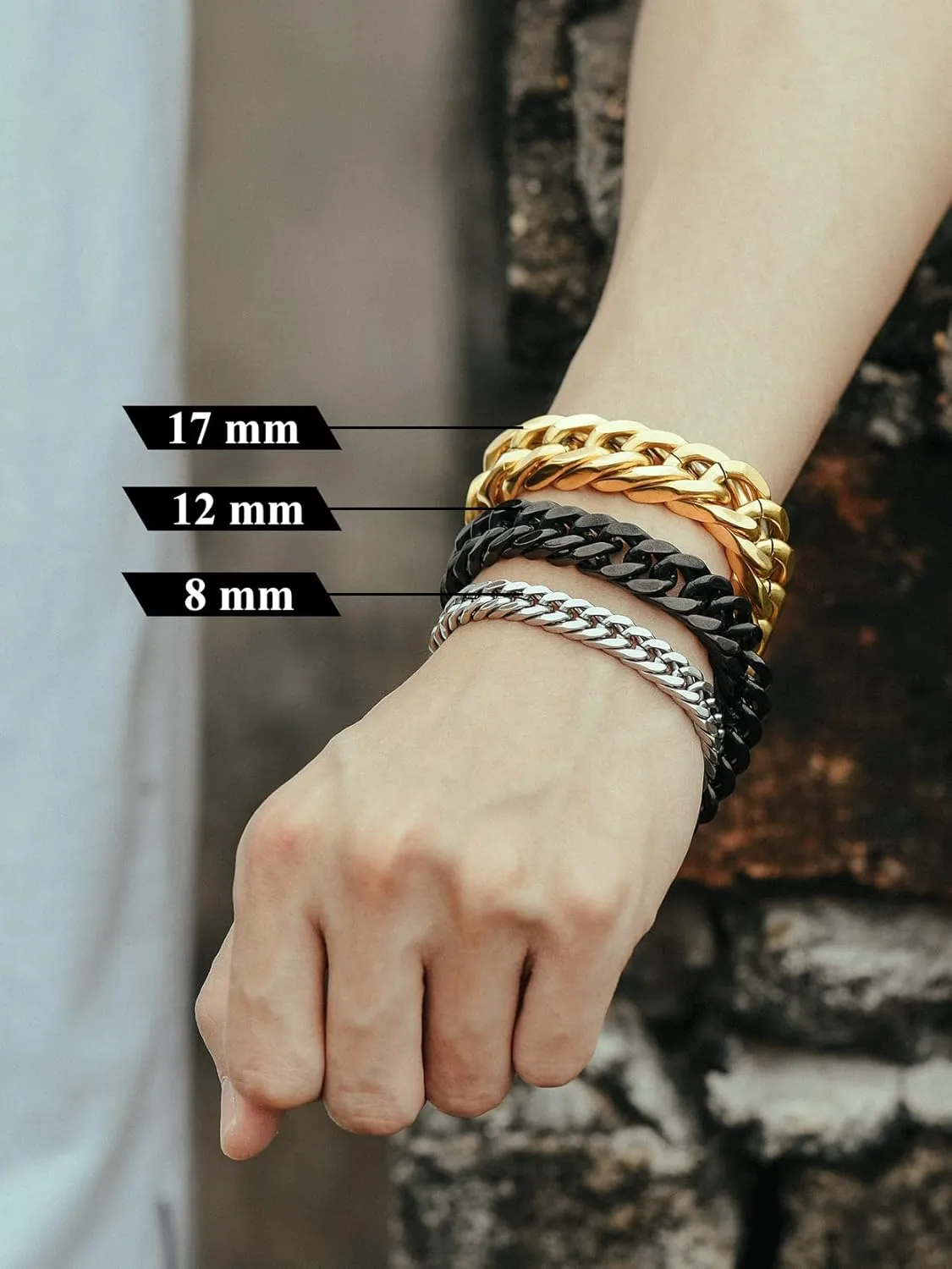 Richsteel Cuban Link Chain Bracelets 8/12/17mm Width Stainless Steel Chain Wrist Bracelets for Men, 7.4/8.2/9 Inch Length Classic Jewelry for Christmas/Valentine's Day/Birthday