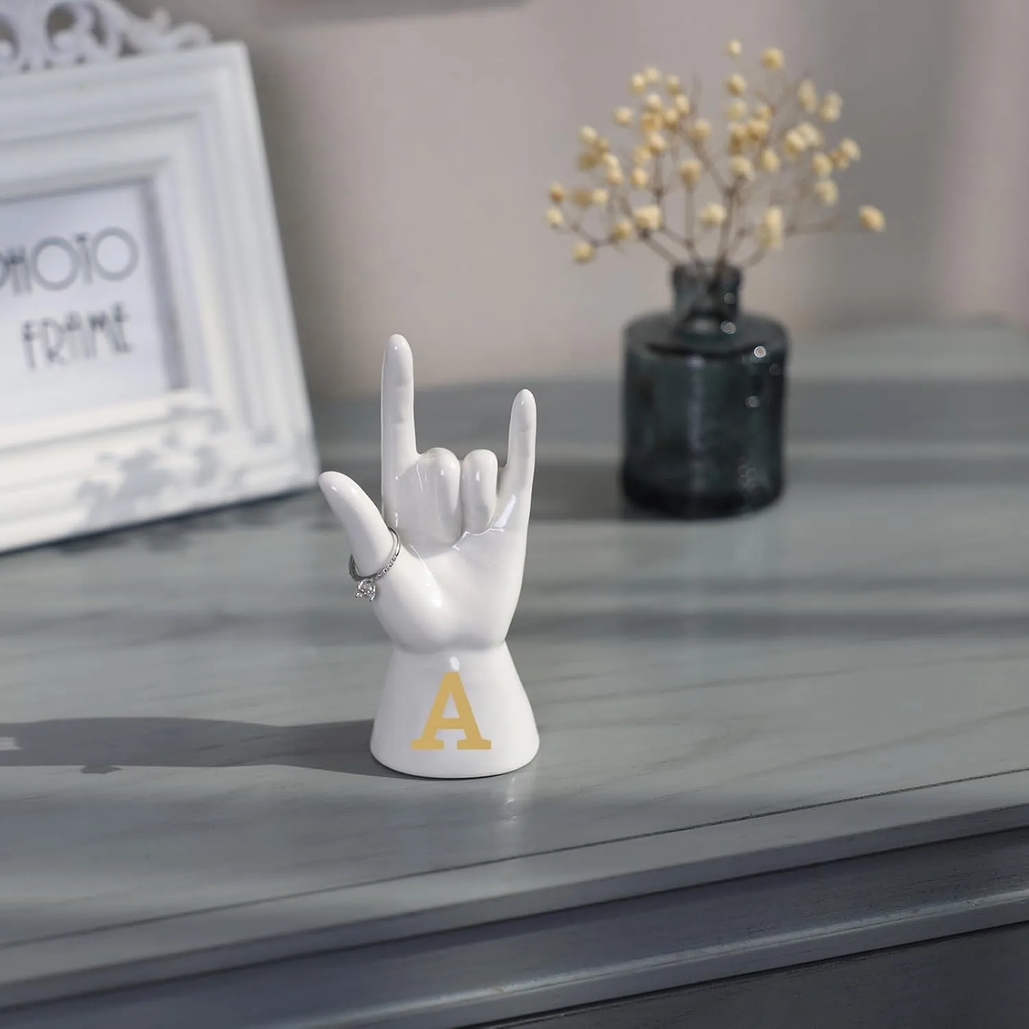 Ring Holder Hand With Personalized A-Mother's Day Birthday Gift for Women Friends, Monogrammed Gifts Wedding Engagement for Her, Ceramic White