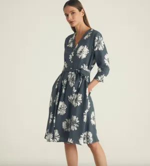 Rosso35 Printed Linen V-Neck Dress Charcoal