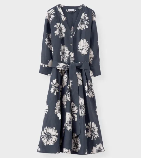 Rosso35 Printed Linen V-Neck Dress Charcoal