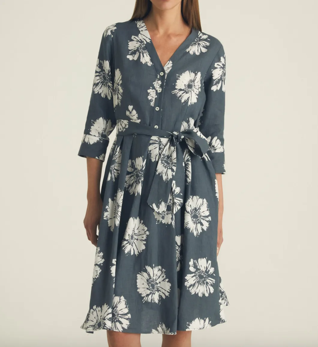 Rosso35 Printed Linen V-Neck Dress Charcoal