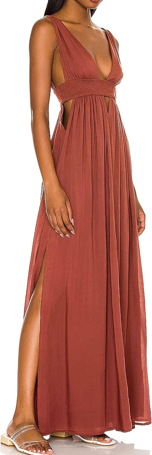 R.Vivimos Boho Dress for Women Sexy Deep V Neck Sleeveless Hollow Out Backless Casual Side Slit Maxi Dress