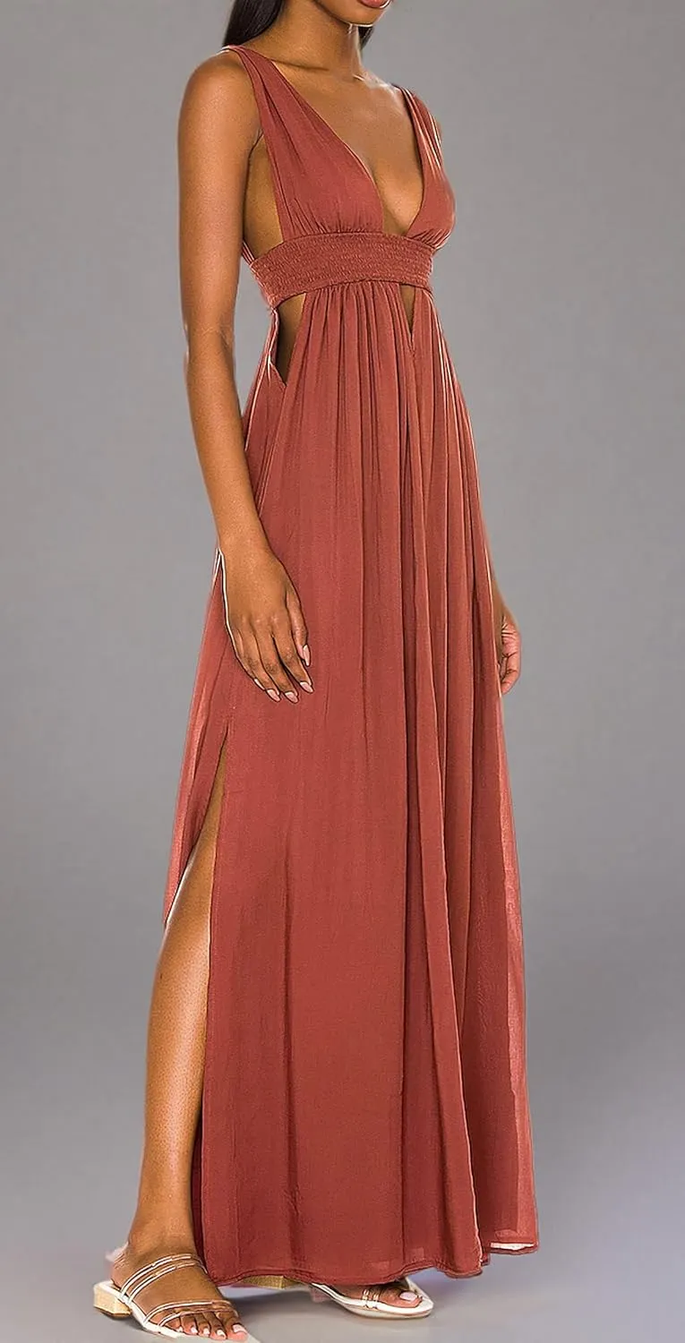 R.Vivimos Boho Dress for Women Sexy Deep V Neck Sleeveless Hollow Out Backless Casual Side Slit Maxi Dress