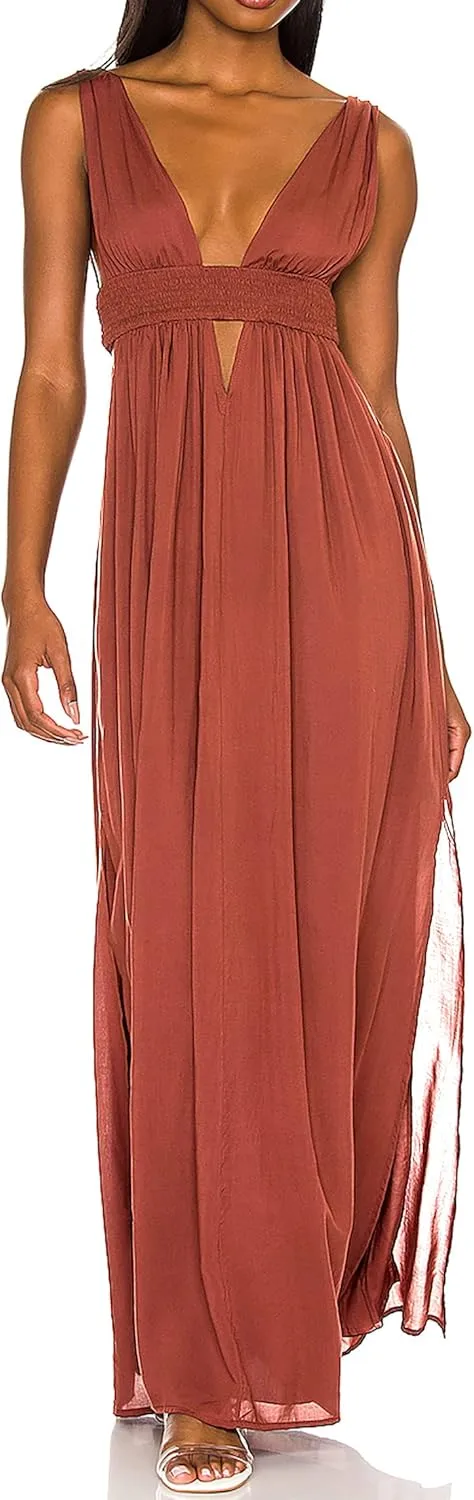 R.Vivimos Boho Dress for Women Sexy Deep V Neck Sleeveless Hollow Out Backless Casual Side Slit Maxi Dress