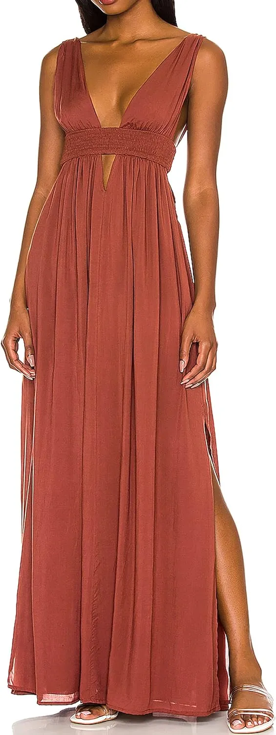 R.Vivimos Boho Dress for Women Sexy Deep V Neck Sleeveless Hollow Out Backless Casual Side Slit Maxi Dress