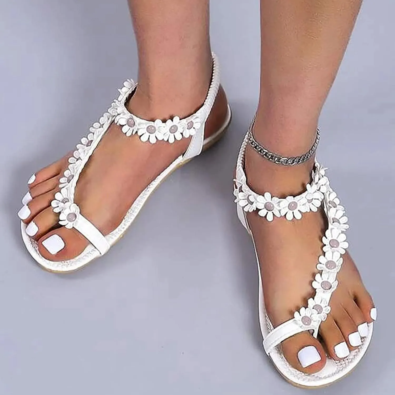 Sandals Women Comfort Flat Heel Summer Sandal Elastic Slip On Ankle Strap Dress Sandal with Footbed Orthopedic