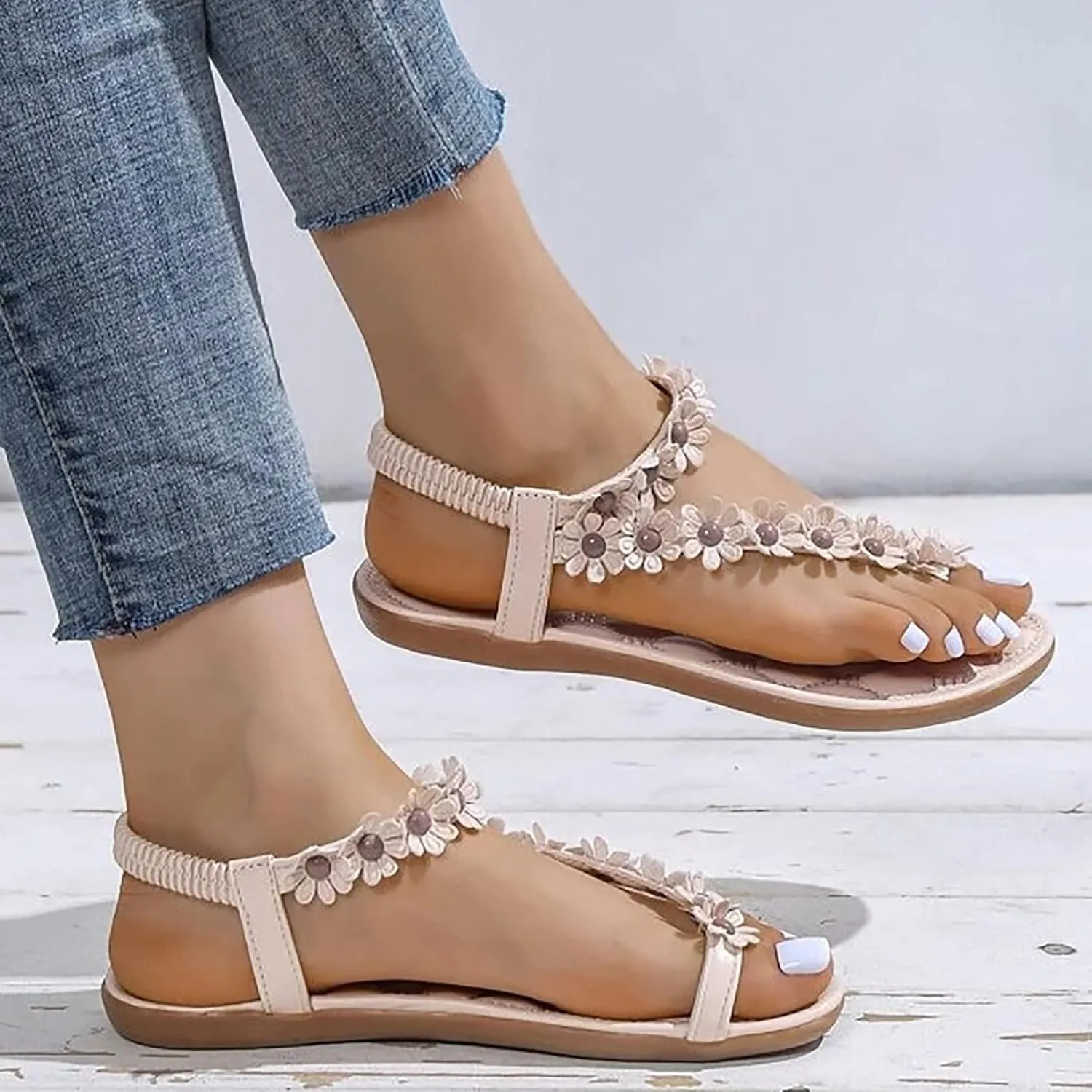Sandals Women Comfort Flat Heel Summer Sandal Elastic Slip On Ankle Strap Dress Sandal with Footbed Orthopedic