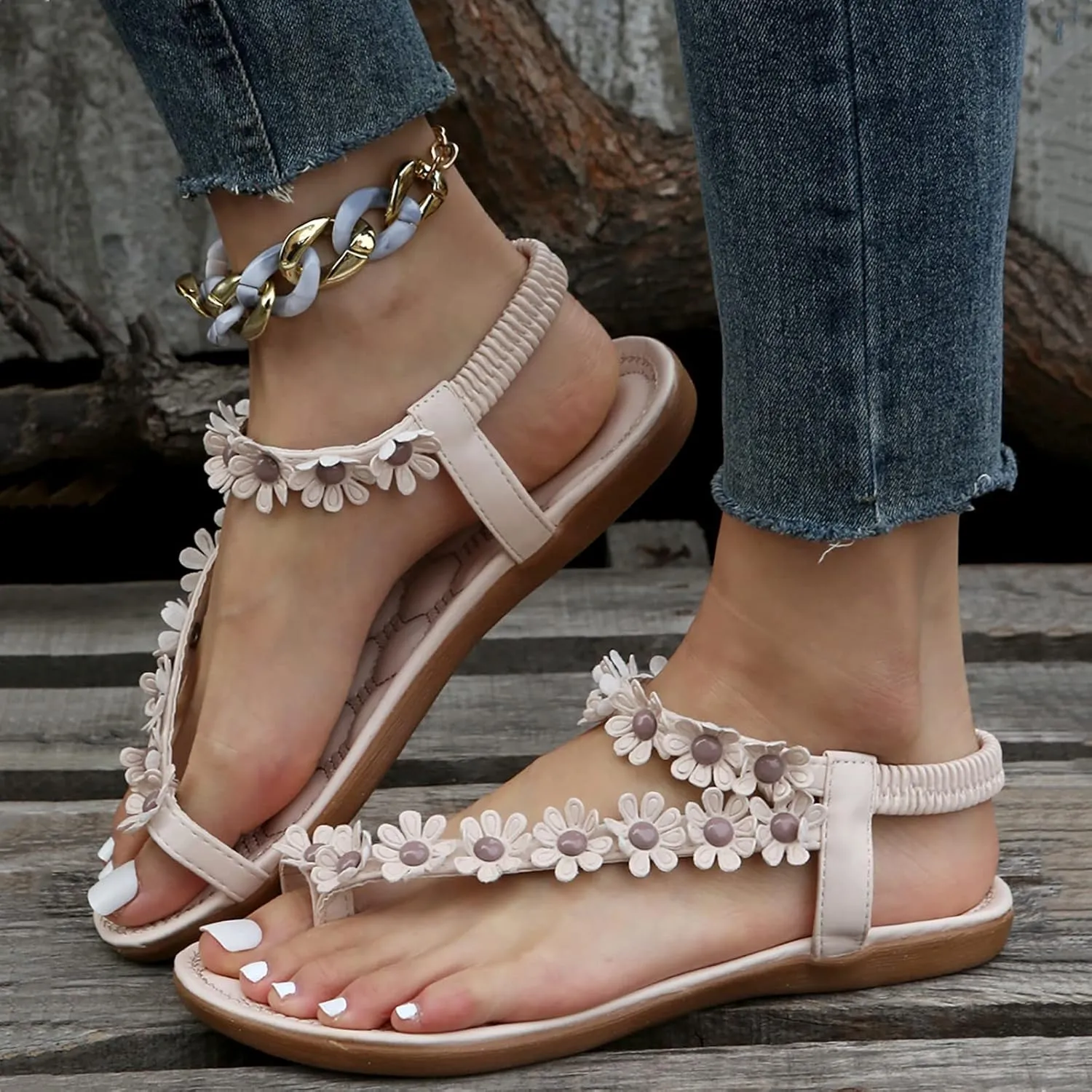 Sandals Women Comfort Flat Heel Summer Sandal Elastic Slip On Ankle Strap Dress Sandal with Footbed Orthopedic