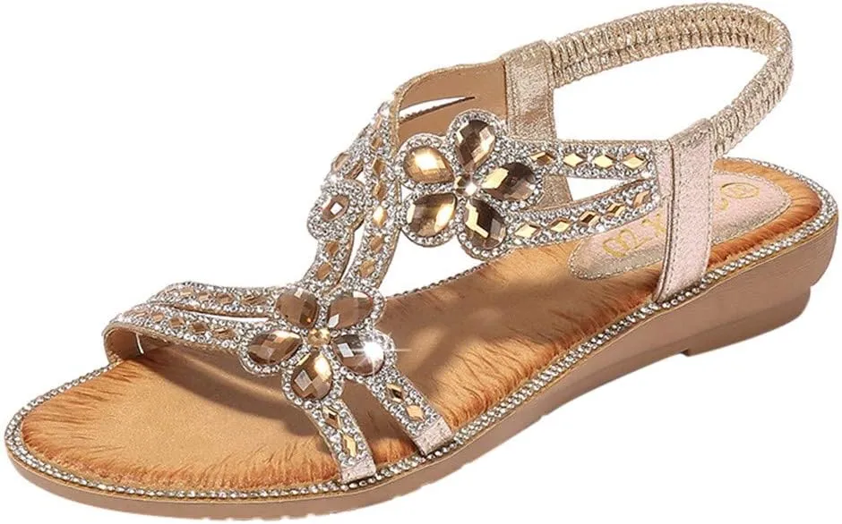 Sandals Women Comfort Flat Heel Summer Sandal Open Toe Dress Sandals Elastic Ankle Strap Rhinestone Bohemian Sandals