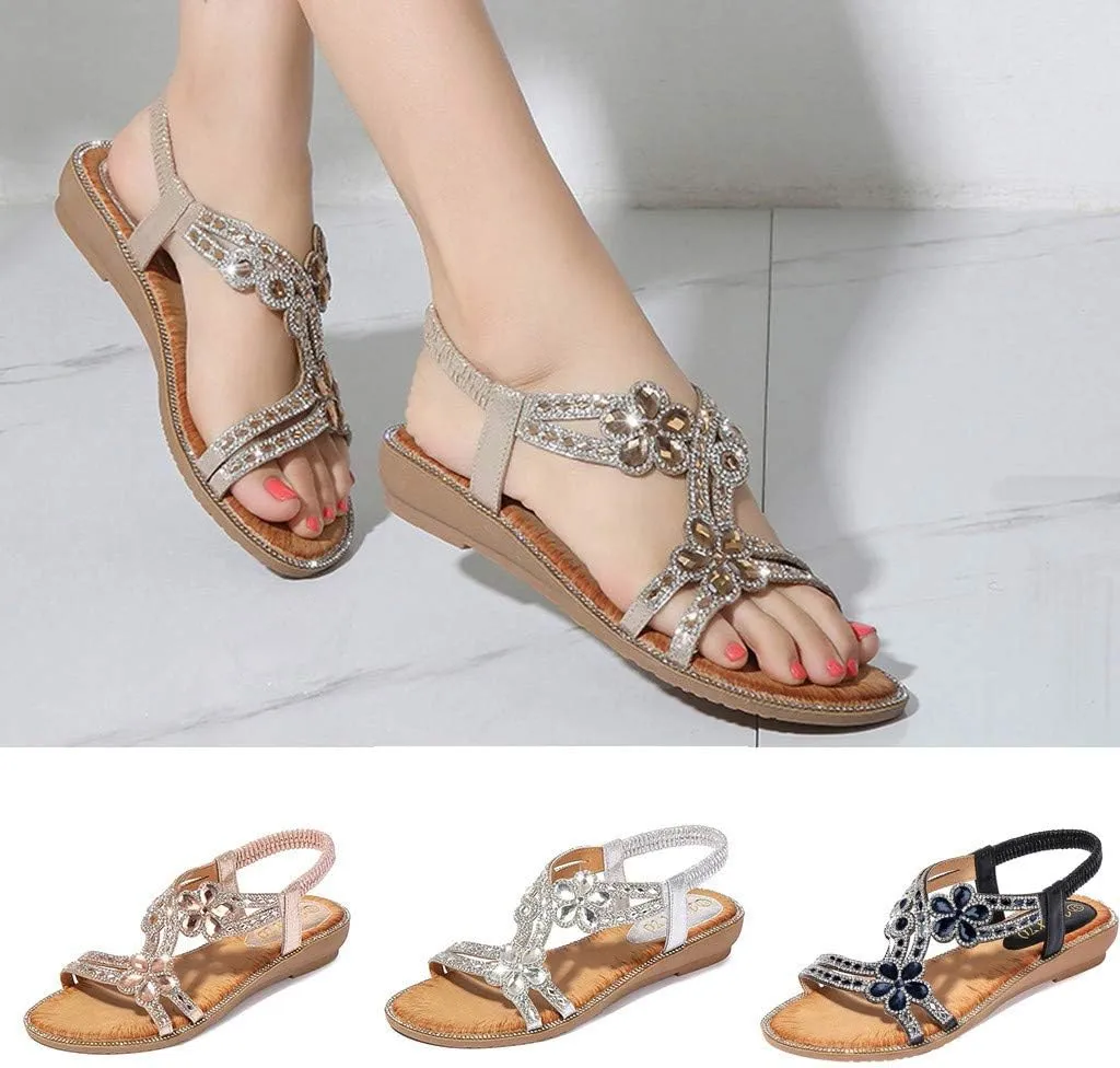 Sandals Women Comfort Flat Heel Summer Sandal Open Toe Dress Sandals Elastic Ankle Strap Rhinestone Bohemian Sandals