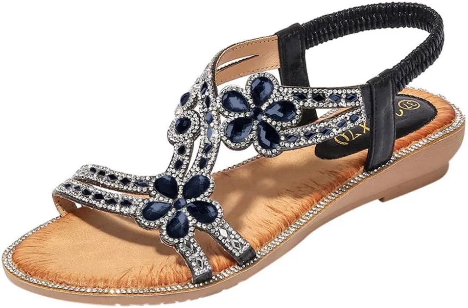 Sandals Women Comfort Flat Heel Summer Sandal Open Toe Dress Sandals Elastic Ankle Strap Rhinestone Bohemian Sandals